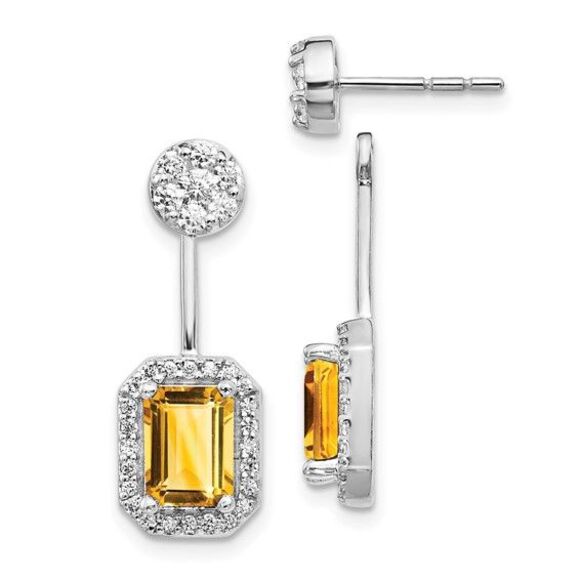 14k White Gold Diamond/Citrine Front/Back Earrings